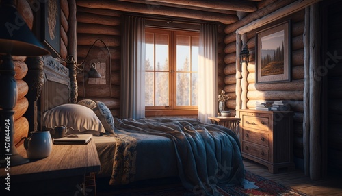 Cozy Beautiful Cozy cabin-style bedroom Interior Design for Your Home: Bold, Colorful, and Unique Style for Room Renovations, Furniture, and Architecture (generative AI)