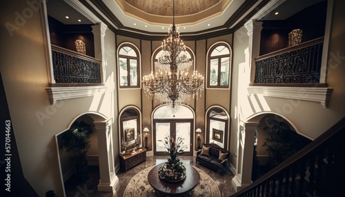 Cozy Beautiful High-ceilinged grand foyer with chandelier Interior Design for Your Home: Bold, Colorful, and Unique Style for Room Renovations, Furniture, and Architecture (generative AI)