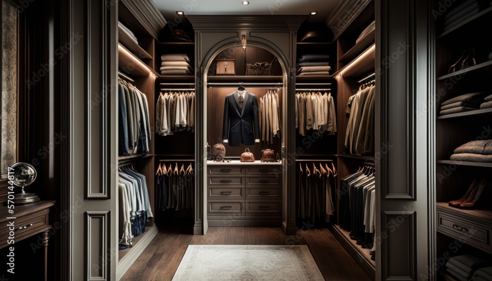 Cozy Beautiful Luxury walk-in closet with shelving and hanging space Interior Design for Your Home: Bold, Colorful, and Unique Style for Room Renovations, Furniture, and Architecture (generative AI)