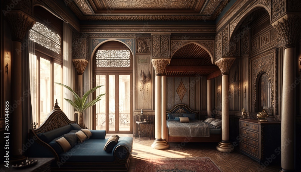 Cozy Beautiful Mesopotamian palace-style master suite Interior Design for Your Home: Bold, Colorful, and Unique Style for Room Renovations, Furniture, and Architecture (generative AI)