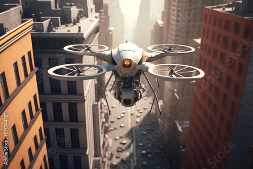 Close up white drone in city, HI-TECH drone flying in city for security purposes, generative ai, Drone taking flight over urban city in daytime, Skycrapers buildings in the background, 