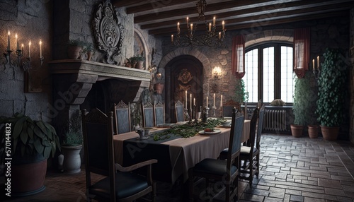 Cozy Beautiful Medieval castle-style dining room Interior Design for Your Home: Bold, Colorful, and Unique Style for Room Renovations, Furniture, and Architecture (generative AI)