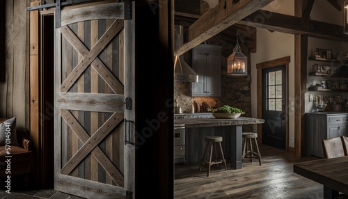 Cozy Beautiful Rustic barn door with metal accents Interior Design for Your Home  Bold  Colorful  and Unique Style for Room Renovations  Furniture  and Architecture  generative AI 