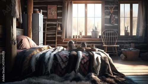 Cozy Beautiful Rustic cabin bedroom with fur throw blanket Interior Design for Your Home: Bold, Colorful, and Unique Style for Room Renovations, Furniture, and Architecture (generative AI)