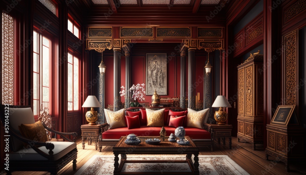 Illustrazione Stock Cozy Beautiful Traditional Chinese Red and Gold Living  Room Interior Design for Your Home: Bold, Colorful, and Unique Style for  Room Renovations, Furniture, and Architecture (generative AI) | Adobe Stock