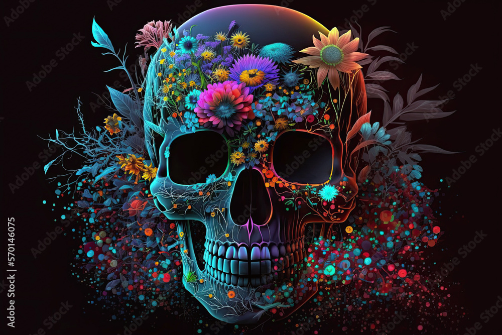 skull decorated with flowers with bright colored neon light on a dark background. Generative AI