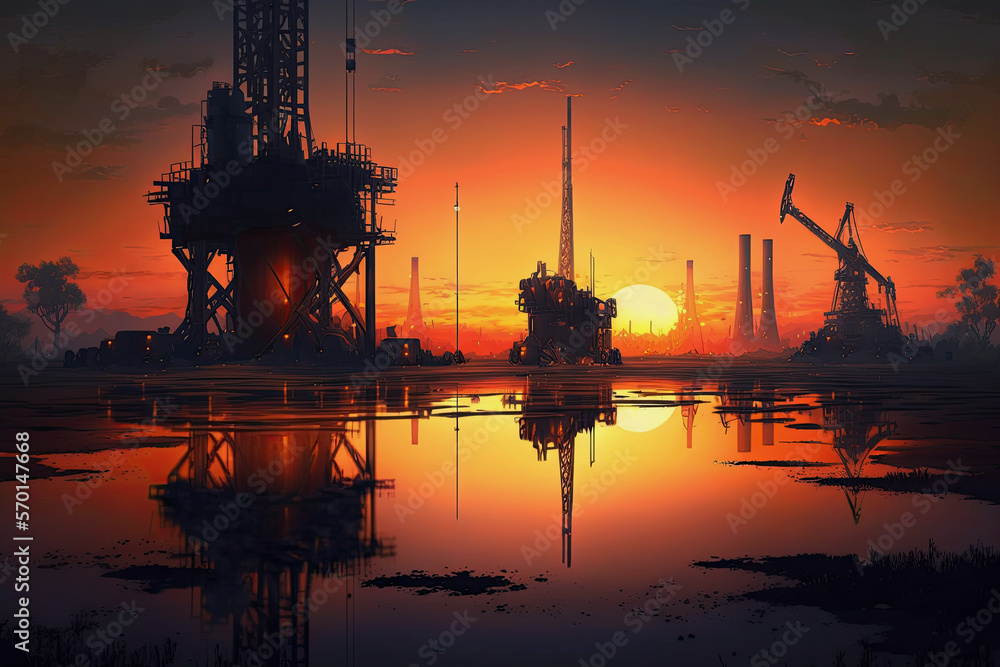 oil production platforms with rigs and refineries at sunset. Generative AI