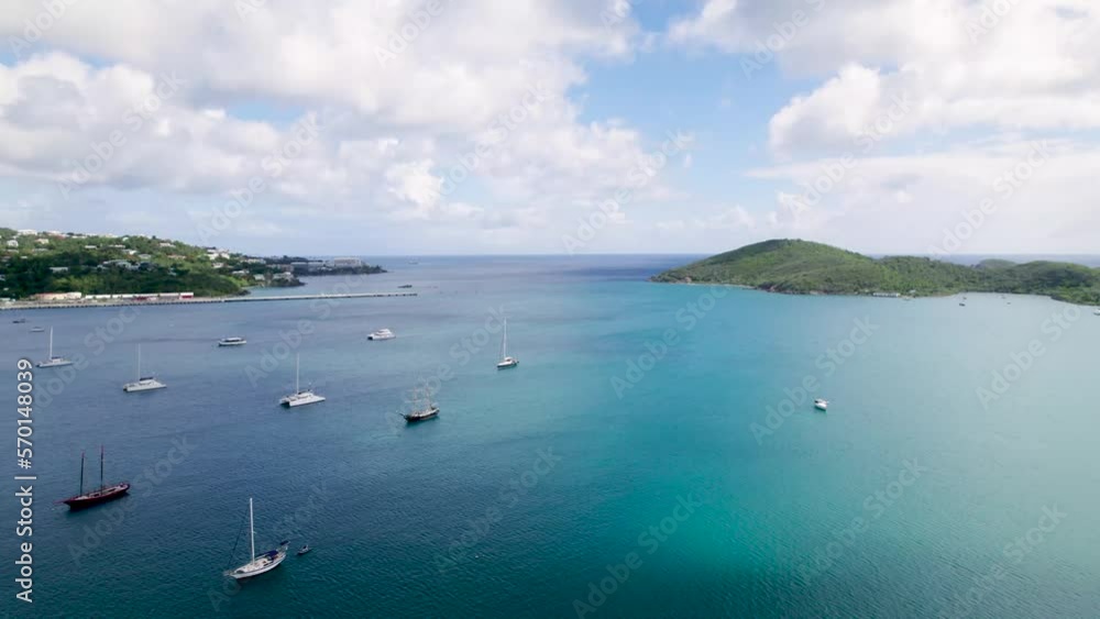 St. Thomas US Virgin Islands. Aerial View of Sailing Boats in Bay, Caribbean Sea and Horizon
