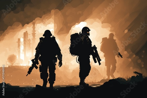 Fototapet Battle Concept Military figures engaged in combat against a war related fog background, World War Soldiers Cloudy Skyline is below