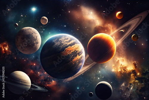 Fotografiet fantastic diagram of the solar system with the sun and planets in space