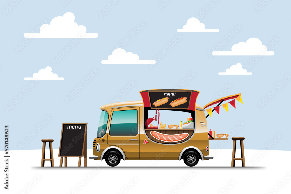 The food truck side view with menu hotdog vector