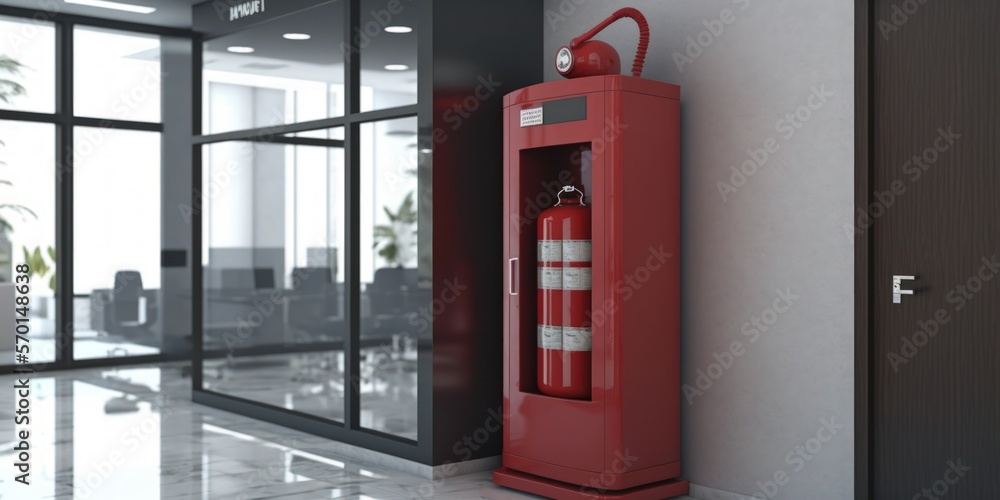 Fire extinguisher cabinet in the hall of office building for preparing to prevent fire, fire extinguisher equipment for protection. Generative AI Fire extinguisher cabinet in the hall of office building for preparing to prevent fire, fire extinguisher equipment for protection. Generative AI