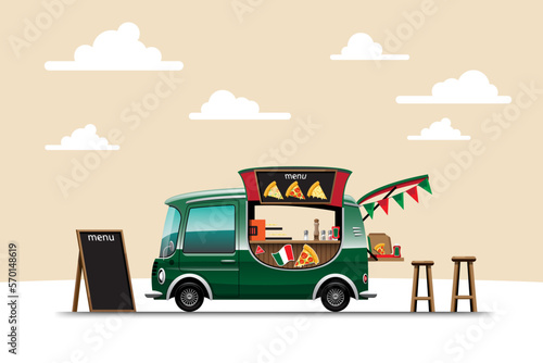 The food truck side view with pizza on nature background