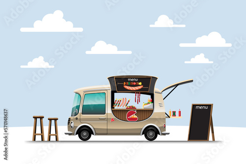 The food truck side view with menu barbecue vector