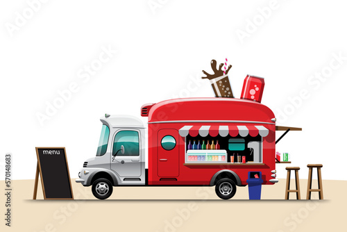 The food truck side view with beverage banner vector
