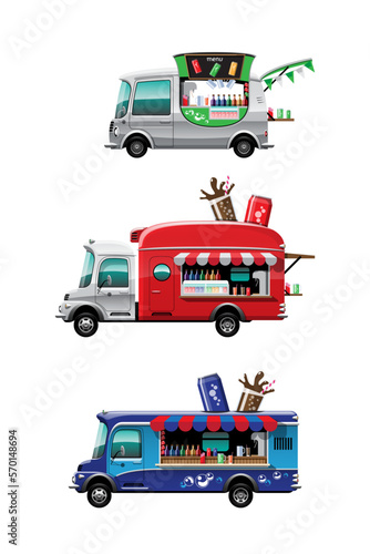Bundle set of beverage on food truck business car vector