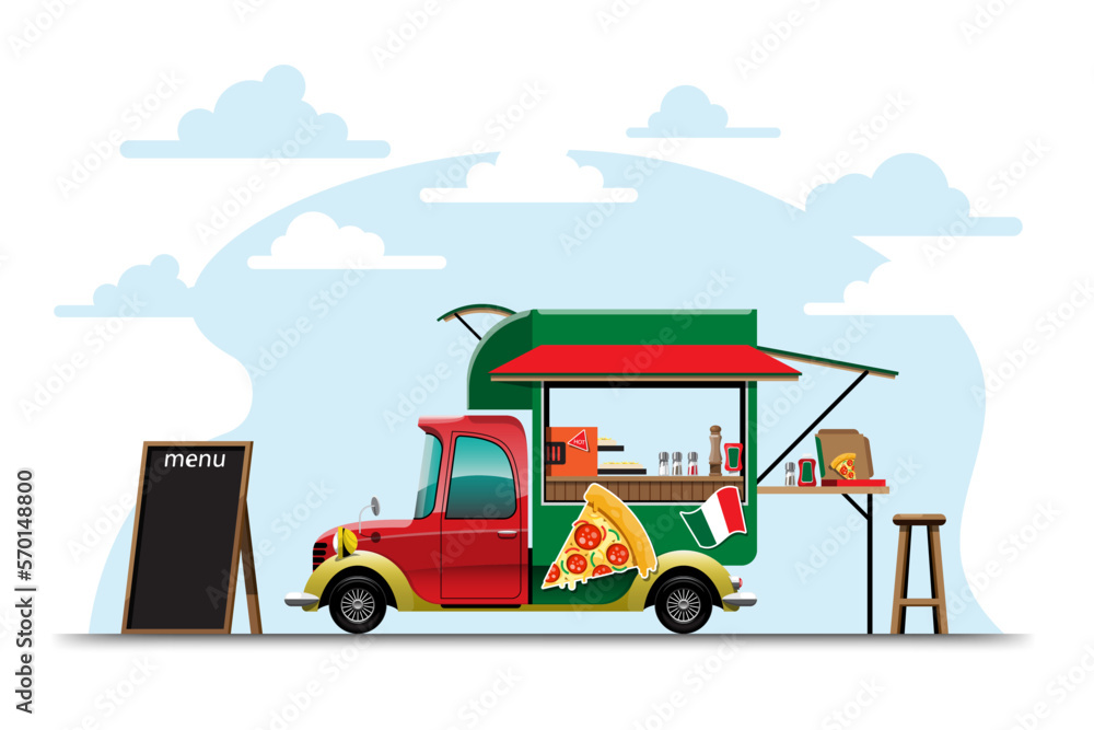 Fototapeta premium Food truck with Pizza shop drawing vector