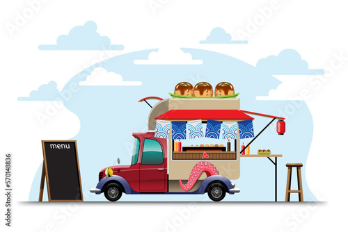 Food truck with Takoyaki shop Japanese decoration vector