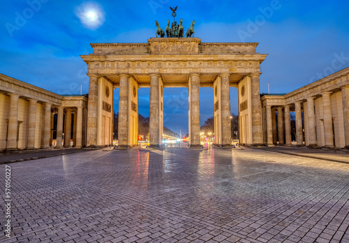 The famous Brandenburg Gate in Berlin at dawn with no people