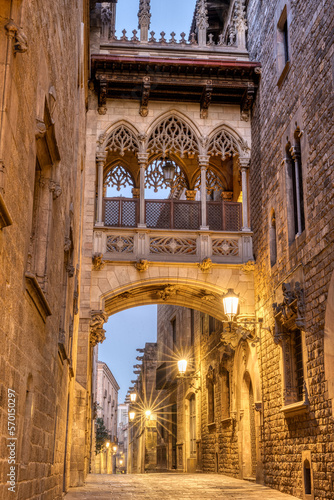 The historic Barrio Gotico in Barcelona at dawn with the Pont del Bispe