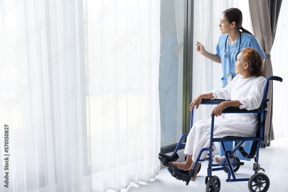 Nurse care elderly senior woman at home retirement people recovery on wheelchair. Nurse care elderly senior woman at home retirement people recovery on wheelchair.