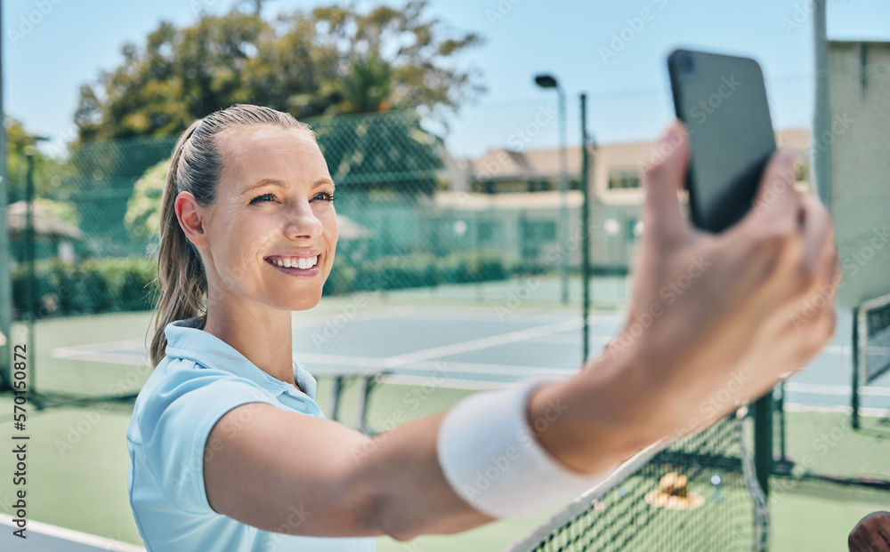 Woman, tennis and selfie at court during training, fitness and morning routine outdoors. Sports, girl and smartphone photo before match, performance or exercise, workout and smile for profile picture