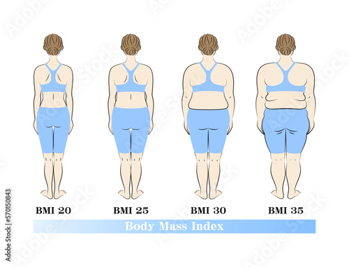 ボディマス指数別の体型変化 女性の後ろ姿  BMI (Body Mass Index) イラスト ベクター
Body shape change by body mass index. Female back view. BMI (Body Mass Index) Illustration. Vector.
