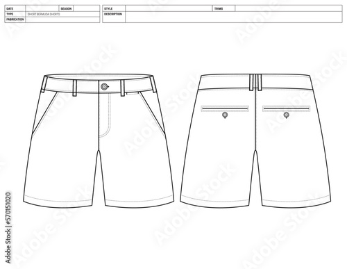 Customizable Shorts Vector Illustration, Pants Template, Flats Sketch, Clip Art Technical Fashion Flats Sketch High Quality Vector Outline, Dress Pants Adobe Illustrator, Short Chino Technical Drawing