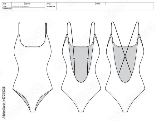 Customizable Fashion Swimsuit Vector Illustration, Bathing Suit OutLine Template, One Piece Swimwear Factory Ready Tech Pack Flats Sketch, Technical Fashion Flat Sketch High Quality Vector Outline Art
