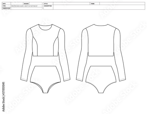 Customizable Fashion Swimsuit Vector Illustration, Paddle Suit OutLine Template, Two Piece Surf Suit Factory Ready Tech Pack Flats Sketch, Technical Fashion Flat Sketch High Quality Vector Outline Art