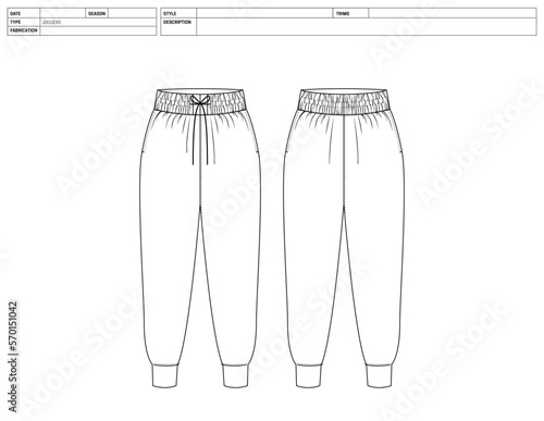 Customizable Shorts Vector Illustration, Jogger Pants, Flats Sketch, Clip Art Technical Fashion Flats Sketch High Quality Vector Outline, Drawstring Elastic Pants Adobe Illustrator Technical Drawing