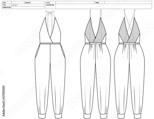 Customizable Fashion Jumpsuit Vector Illustration, One-Piece OutLine Template, Wrap Romper Factory Ready Tech Pack Flats Sketch, Cami Jumpsuit Technical Fashion Flat Sketch High Quality Vector Line