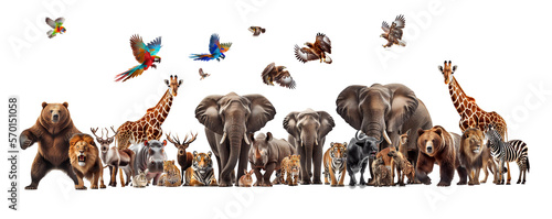 Collection of various wild animals on white background