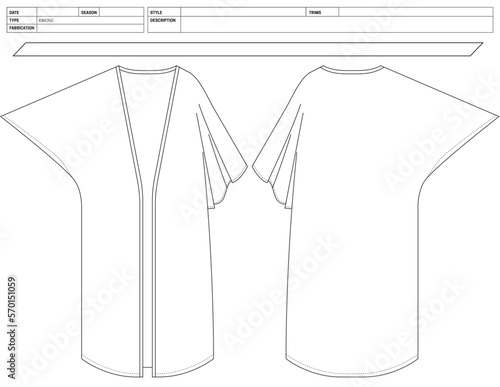 Customizable Long Robe Dress Vector Illustration, Draping OutLine Template, Kimono Jacket Factory Ready Tech Pack Flats Sketch, Kimono Technical Fashion Flat Sketch High Quality Vector Outline Drawing