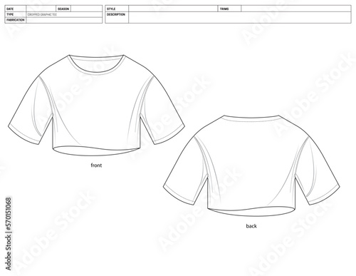 Customizable Fashion Shirt Vector Illustration, Short Sleeve OutLine Template, T-Shirt Factory Ready Tech Pack Flats Sketch, Clip Art Technical Fashion Flat Sketch High Quality Vector Outline Crop Top