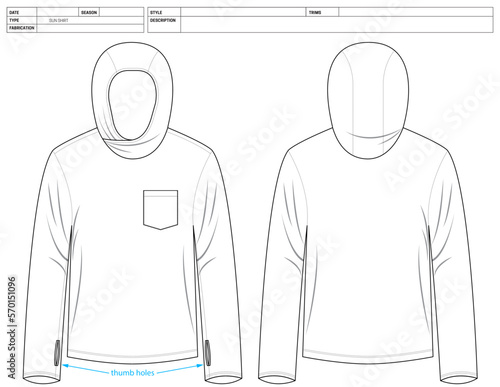 Customizable Fashion Shirt Vector Illustration, Long Sleeve Hoodie OutLine Template, Hoodie Factory Ready Tech Pack Flats Sketch, Clip Art Technical Fashion Flat Sketch High Quality Vector Outline Top