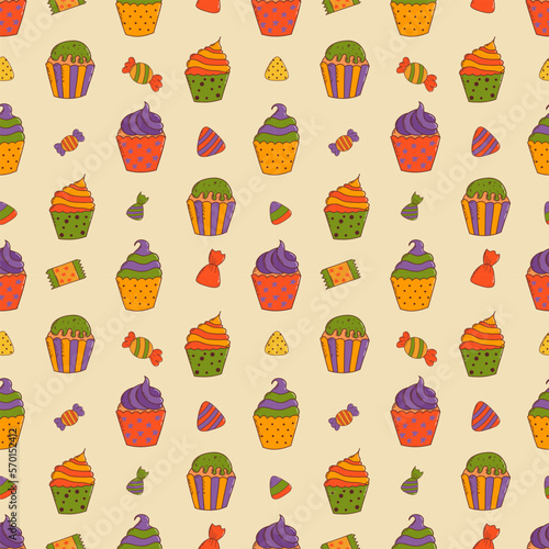 Cute halloween cupcakes seamless pattern. Halloween elements. Trick or treat concept