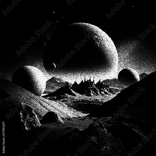Alien planet landscape in retro dotwork style. Planets and satellites over unknown planet in space. Sci-fi world landscape beyond our galaxy.