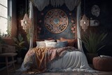 Boho interior style bedroom with double bed, blanket and many different decorations