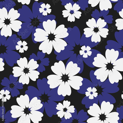 White and blue flowers on black background seamless pattern. Best for textile  wallpapers  home decoration  wrapping paper  package and web design.