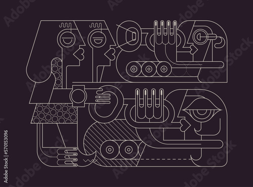 White line art isolated on a black background Trumpet Players vector illustration. People listen to music at a concert, the musicians play the trumpets.
