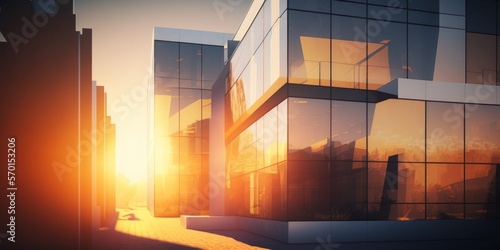 Detail of a brand new luxury home complex. the sunlit surface of glass. Sun rising over the horizon. a contemporary apartment with a flat building exterior. graphic filter Velvia. Generative AI