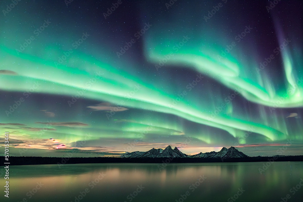 Wallpaper of beautiful aurora lights landscape background. generative ai