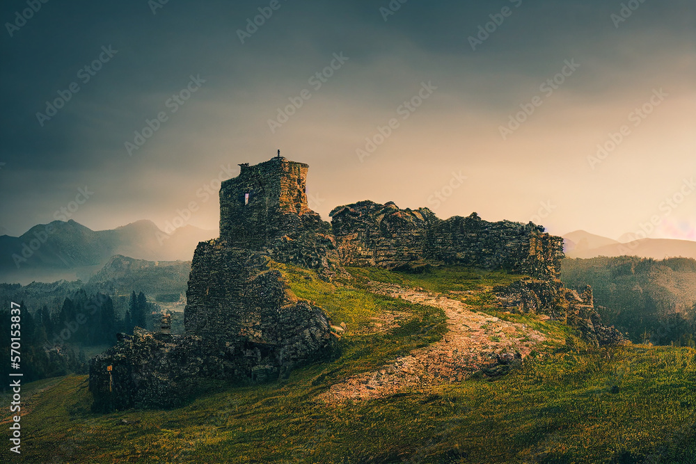 Wallpaper of medieval castle landscape. Generative ai