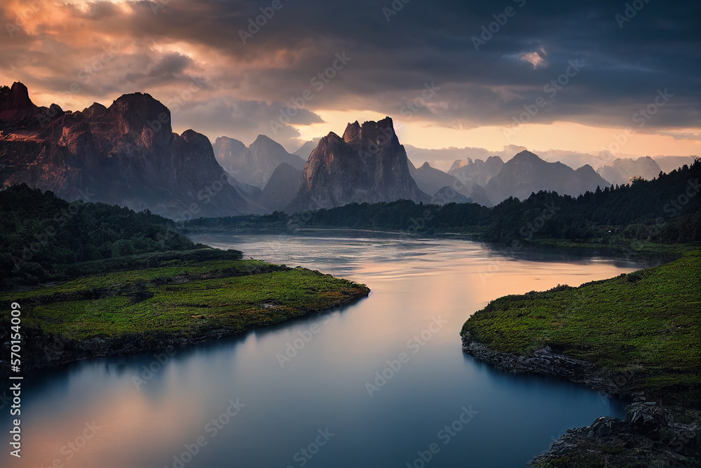 Wallpaper of beautiful river and mountain landscape. Generative ai