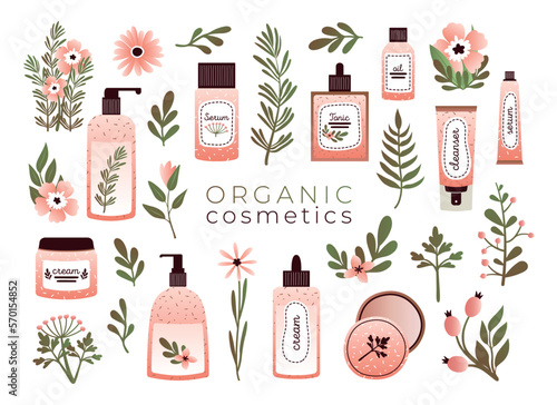 Big set of natural organic cosmetic products for skin care with green plants and flowers. Beauty routine collection. Vector flat illustrations for marketing, website, merch, card in flat style.
