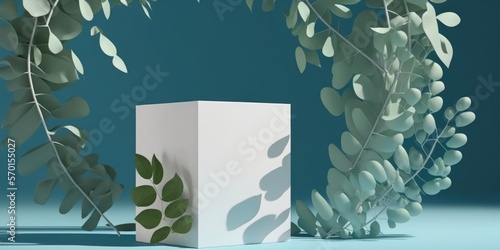 Abstract eucalyptus leaves, shadows, and white podium cube on a blue background. mock up stand for displaying products. minimal in scope. advertisement model. Generative AI
