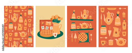 Big collection of cute teatime set. The cute teapots, cups, mugs, vase of flowers, spoons, tablecloth, cake. Flat set of illustrations for cards, posters, invitations, tea party. Sweet cozy home.