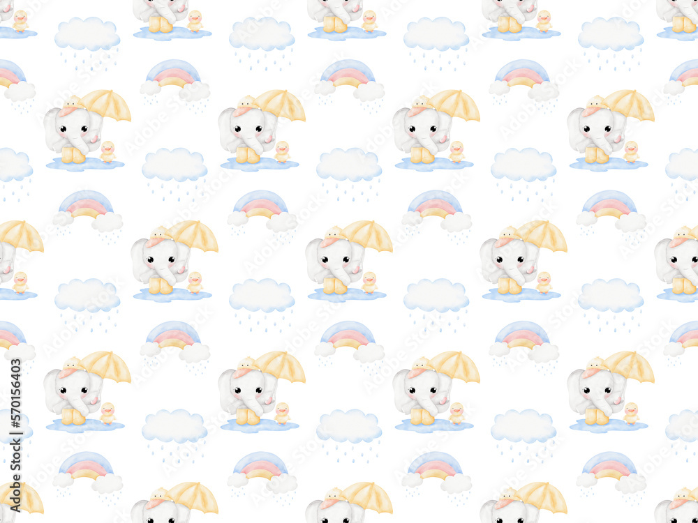 Cute Elephant and duck in raining day background patterns Cute Elephant and duck in raining day background patterns