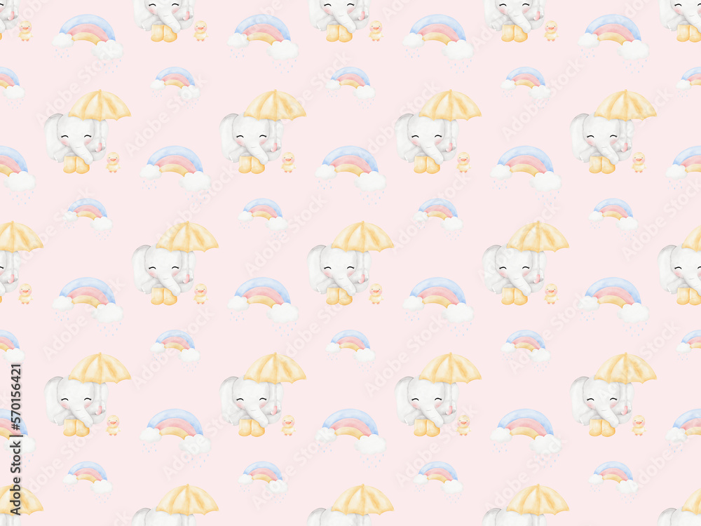Cute Elephant and duck in raining day background patterns Cute Elephant and duck in raining day background patterns